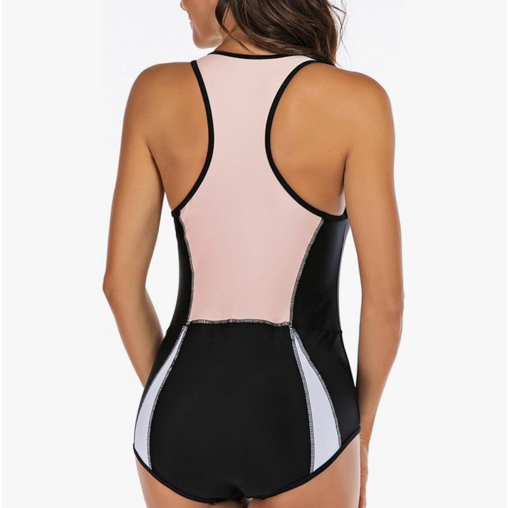 rash guard style one piece swimsuit half zipper closure color block - Picture 4 of 9